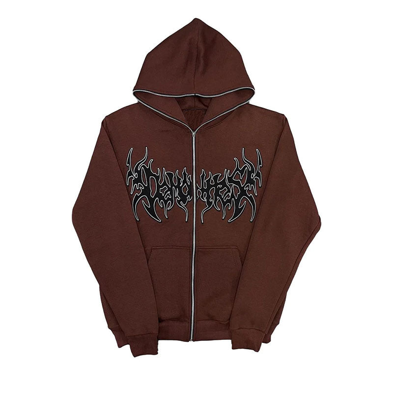 Men's light brown zip-up cardigan with embroidered lettering