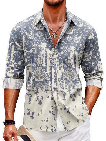 Men's long-sleeve button shirt in light gray with blue floral damask-style print.