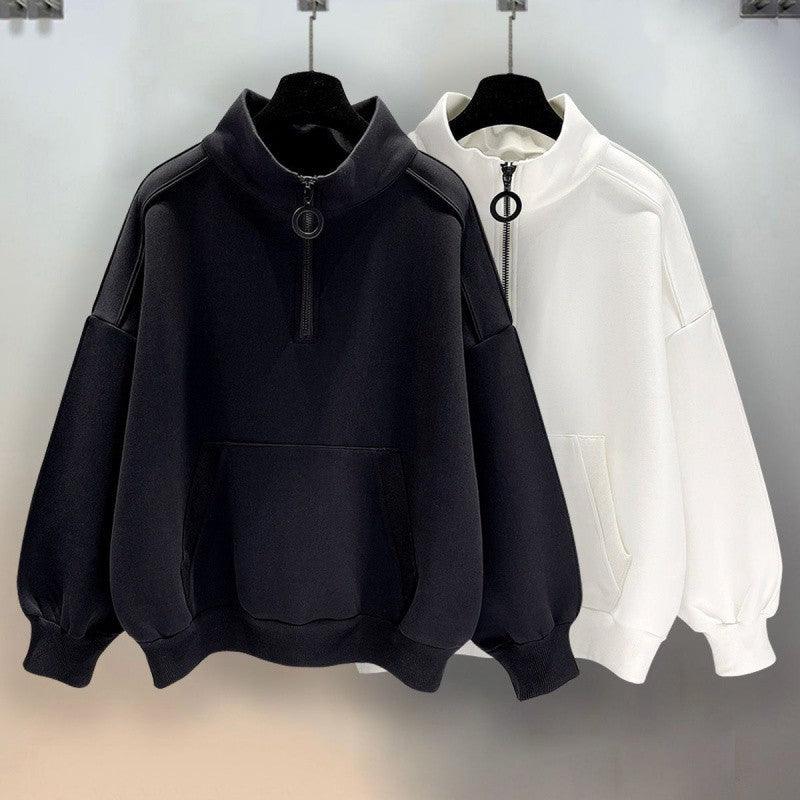 Half Zipper Black Hoodie Men's Stand Collar Hooded - WOMONA.COM