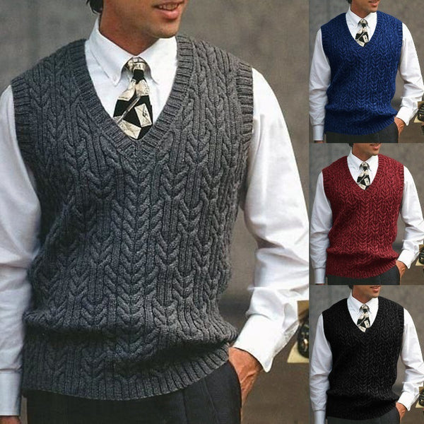 Knitted Vest V-neck Sweater Solid Color Casual - WOMONA.COM