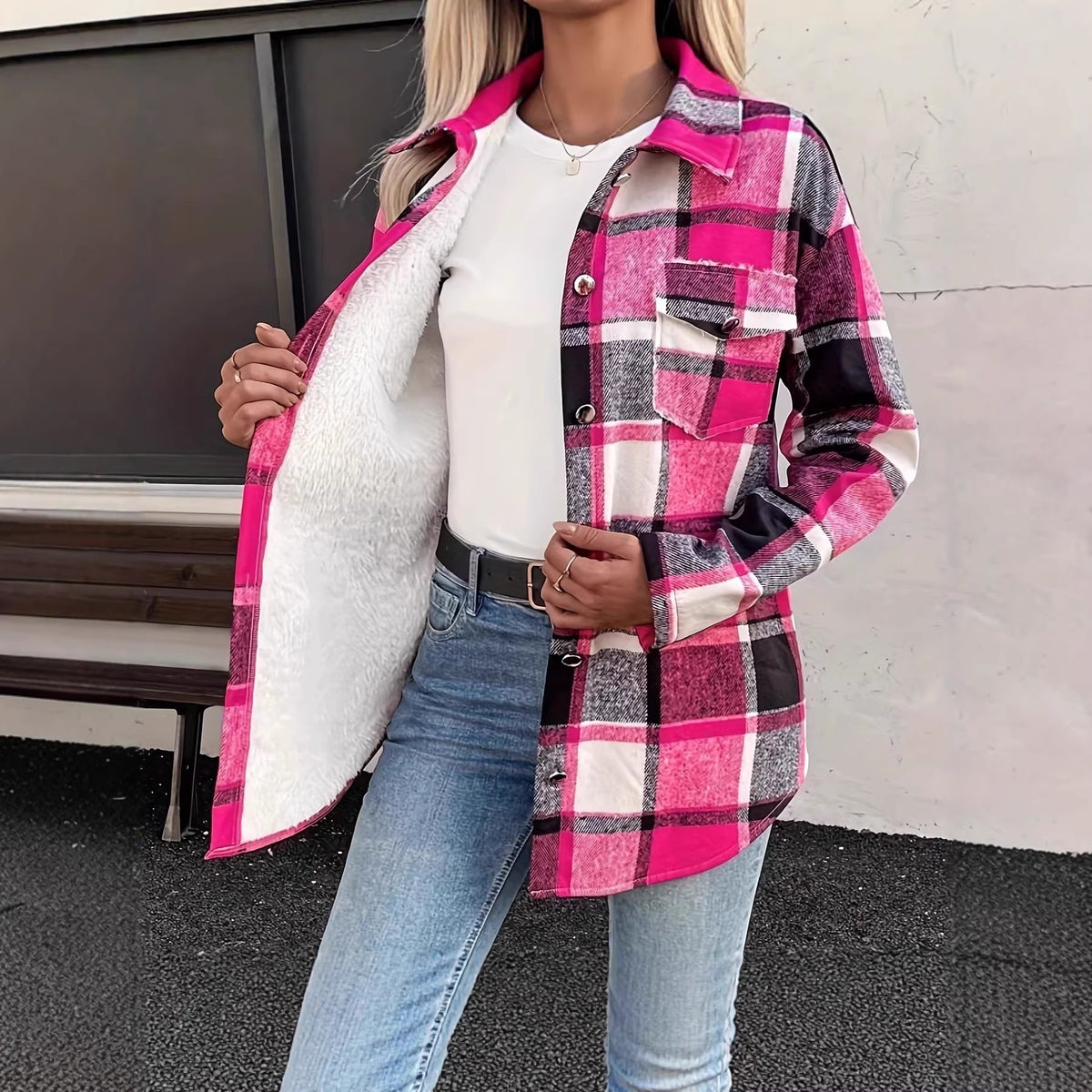 Rose plaid plush coat with button front, stand collar, and long sleeves