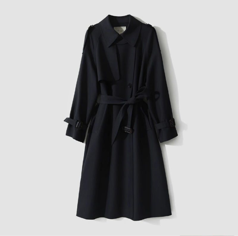 Twill Large Lapel Double Breasted Lacing Mid-length Trench Coat