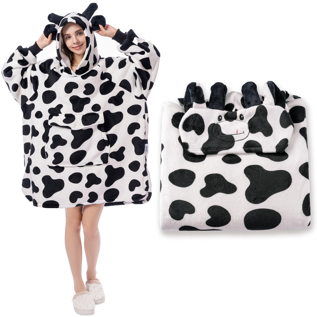 Cow-print wearable blanket hoodie with hood and front pocket, soft black-and-white fleece