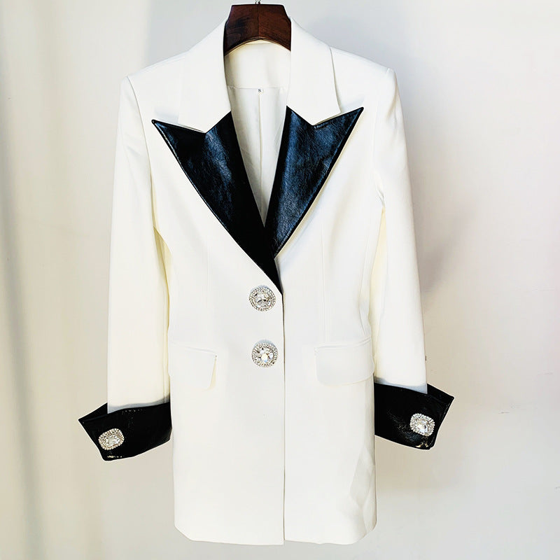 Contrast Leather Blazer Collar Diamond Jacket - WOMONA.COM