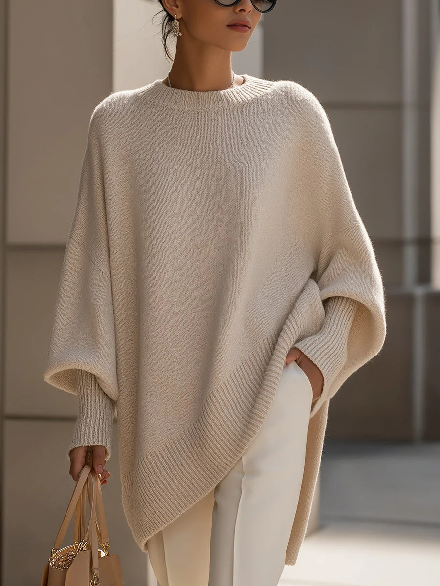 Women’s knit pullover sweater, off-white, round neck with ribbed knit hem