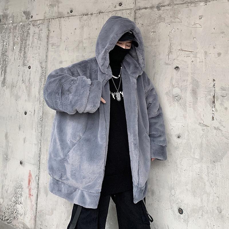 Loose Faux Rabbit Fur Hooded Casual Cotton-padded Jacket - WOMONA.COM
