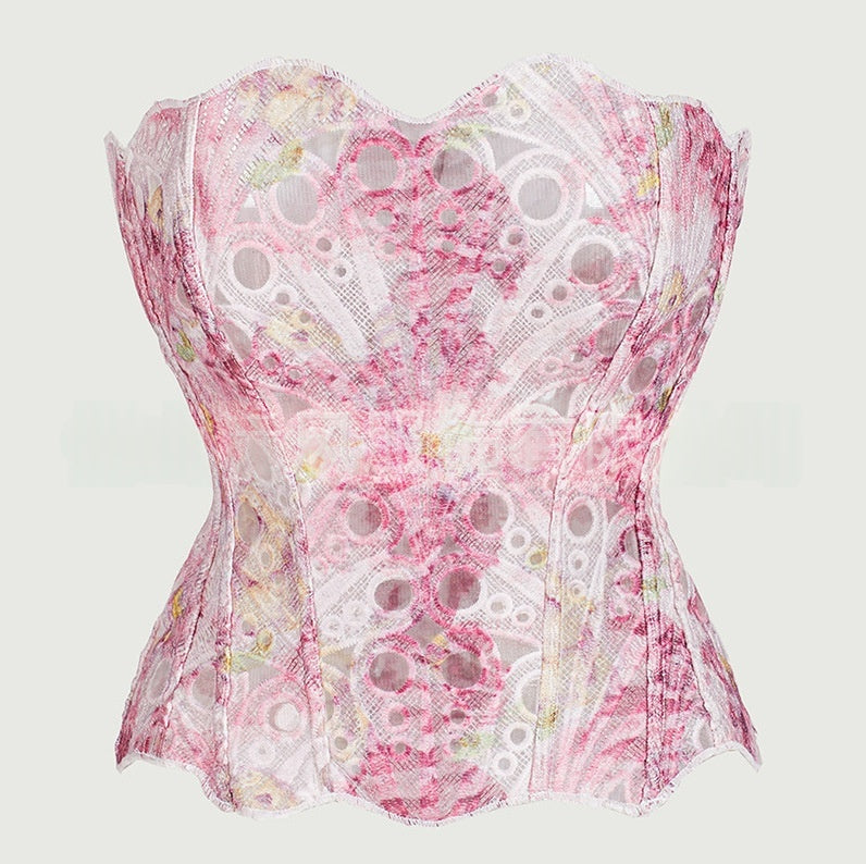 Pink and white lace-print strapless shapewear corset with heart-shaped lace pattern