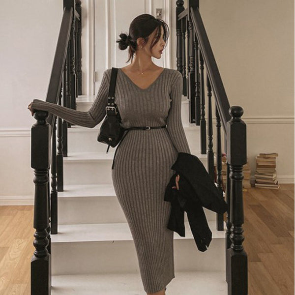 Retro Elegant V-neck Slim-fit Slimming Dress For Women