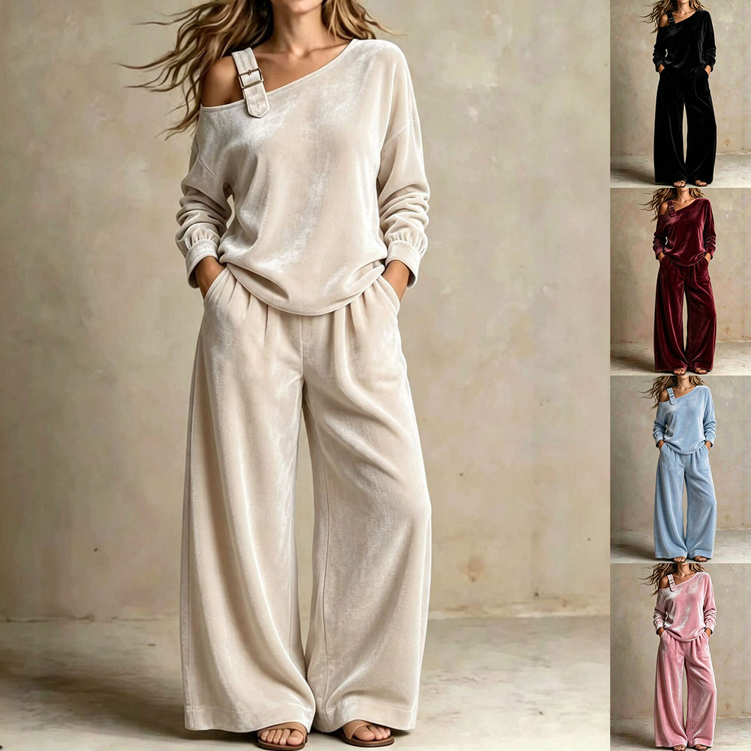 Women's off-shoulder velvet top and pants set – product image 1