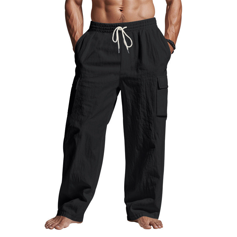 Men's linen cargo pants, elastic drawstring waist, side patch pockets, wide leg, black