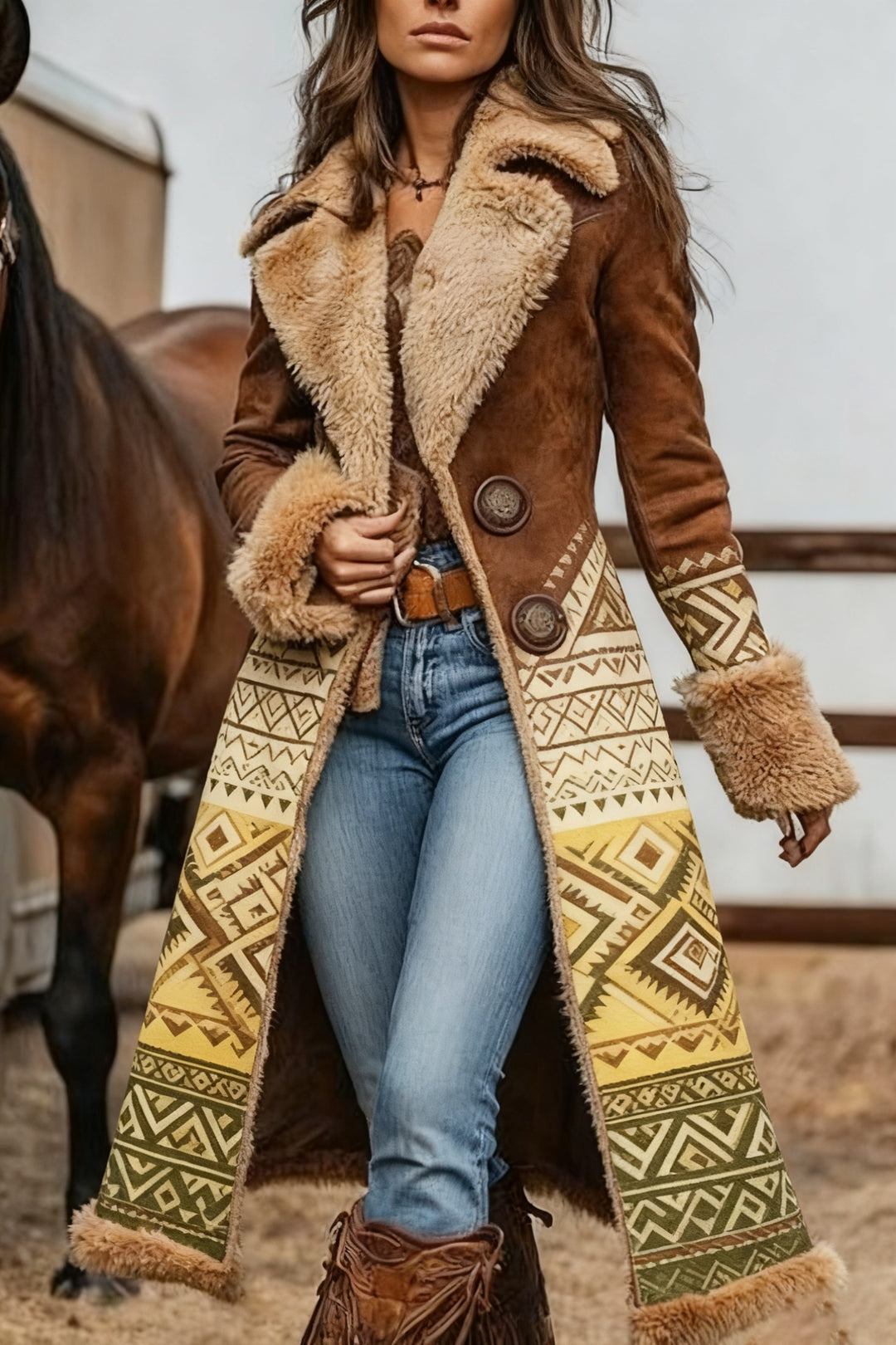 Women’s western vintage plush warm jacket, brown with tan patterned panels and faux-shearling trim