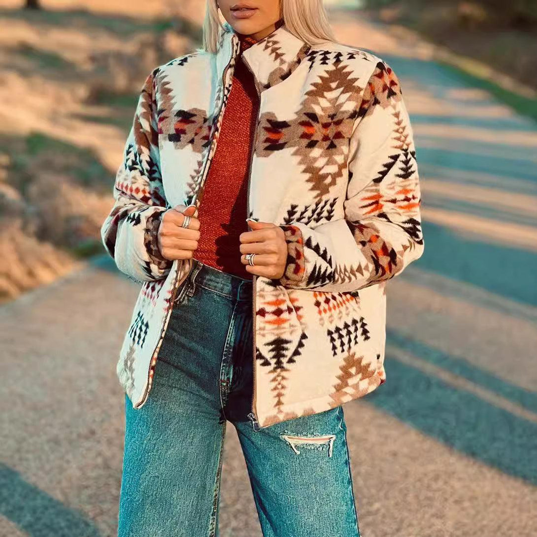 Women's zip-front jacket in cream with multicolor geometric print and long sleeves
