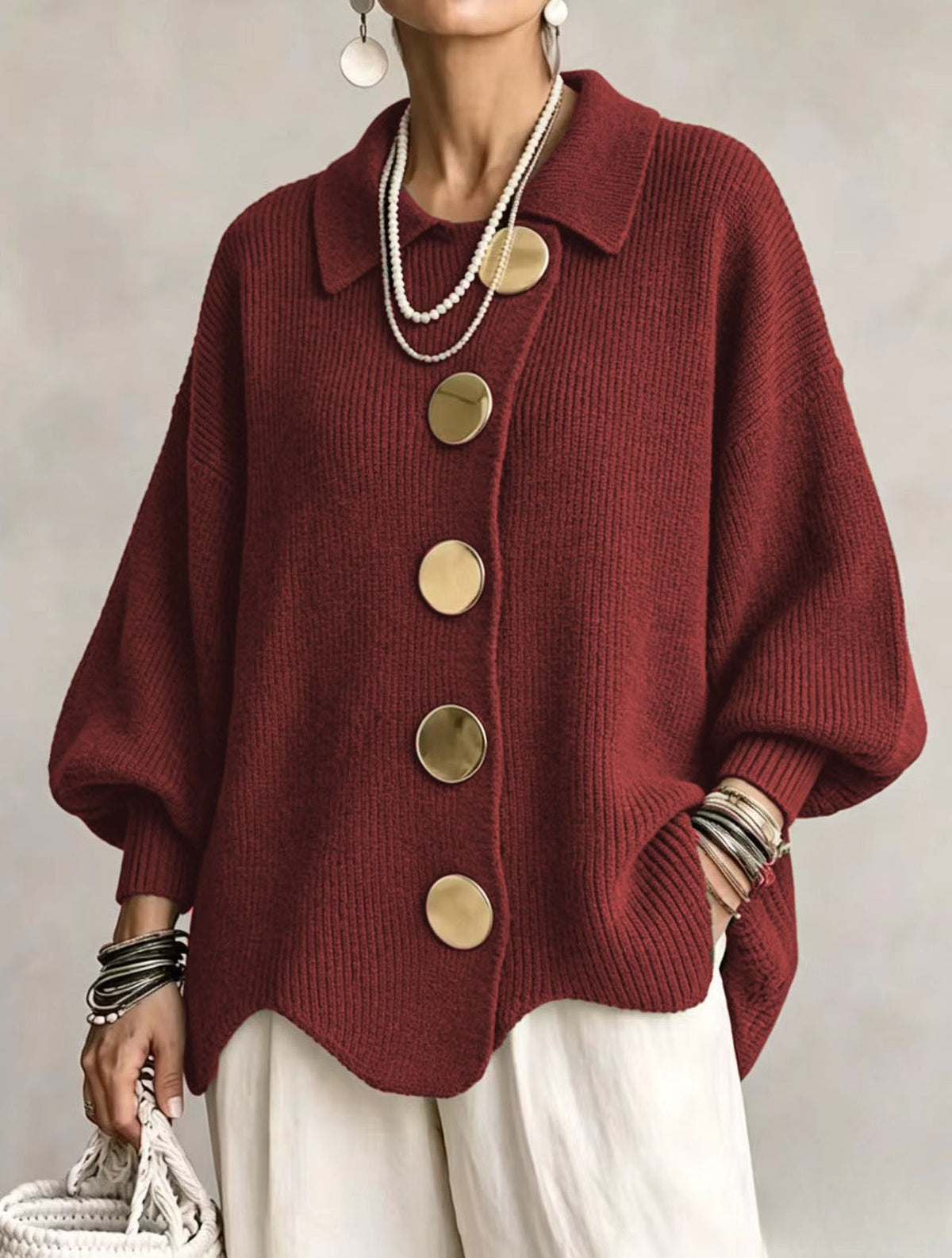 Women's lapel button-detail knit top