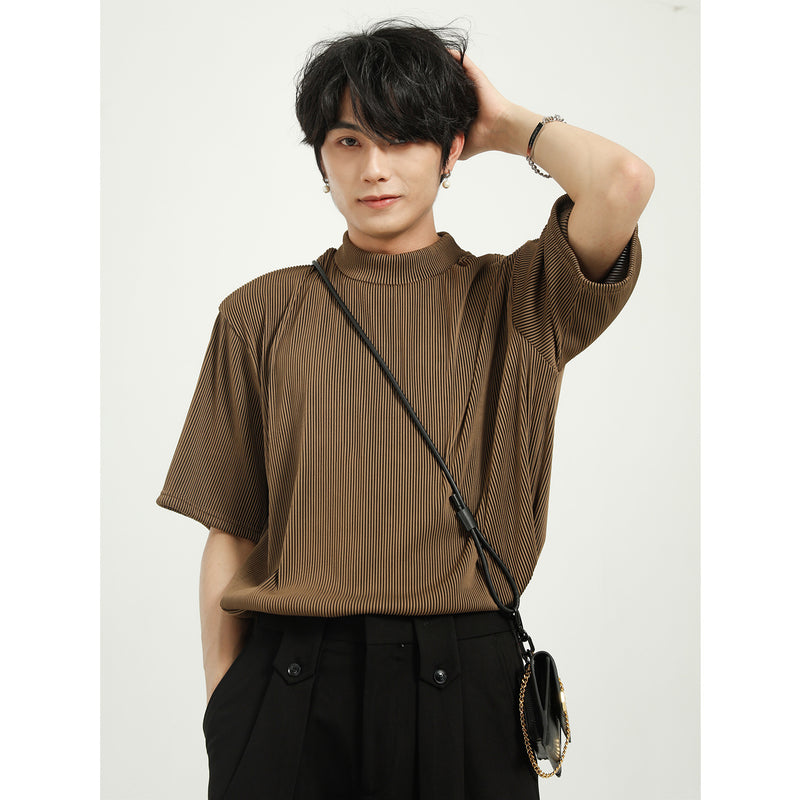 Fashion Solid Color Half High Collar Short Sleeve Men - WOMONA.COM