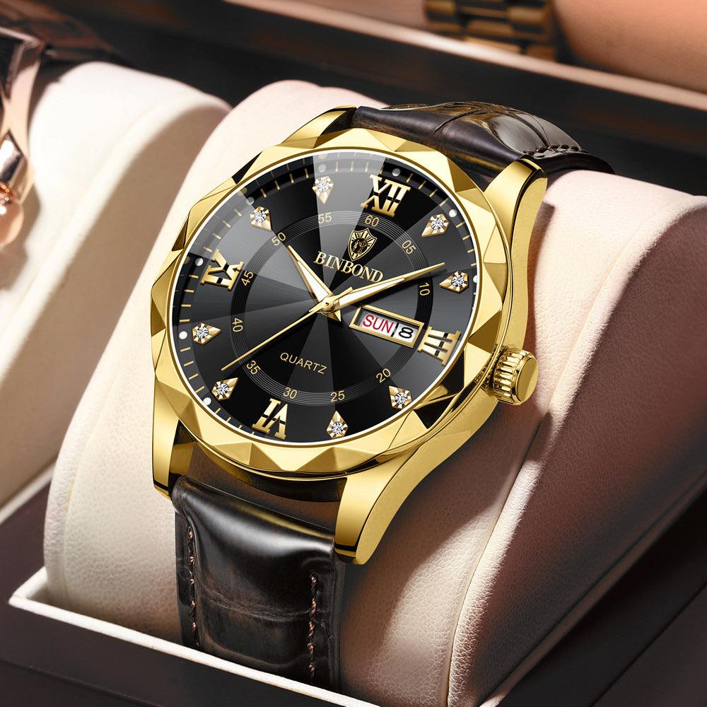 Gold-tone quartz watch with black dial and black leather strap, Roman numerals
