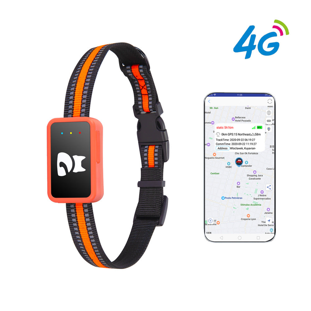 Black-and-orange pet collar with orange GPS tracker and smartphone map display, 4G icon