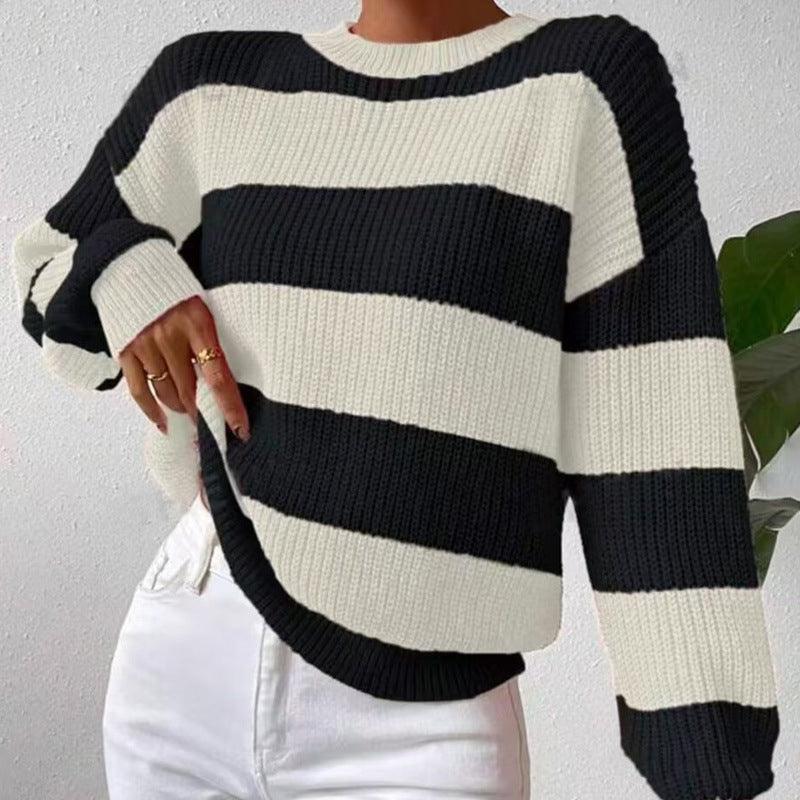 Women's Striped Sweater Loose Long Sleeve Pullover - WOMONA.COM