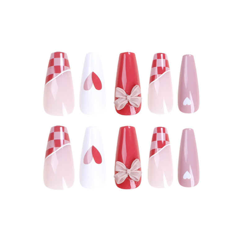 Grapefruit Red Chessboard Grid Manicure White Fake Nails - WOMONA.COM