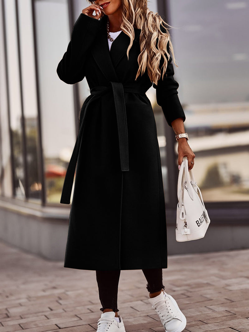 V-neck Lace Up Woolen Coat Top Women