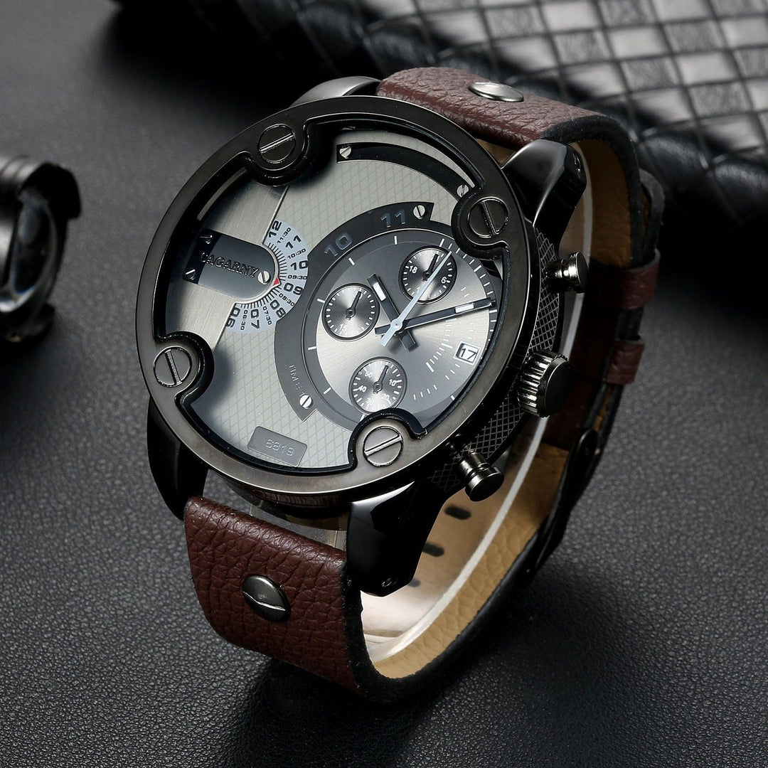 Men's quartz wrist watch with black bezel, gray dial, and brown leather strap