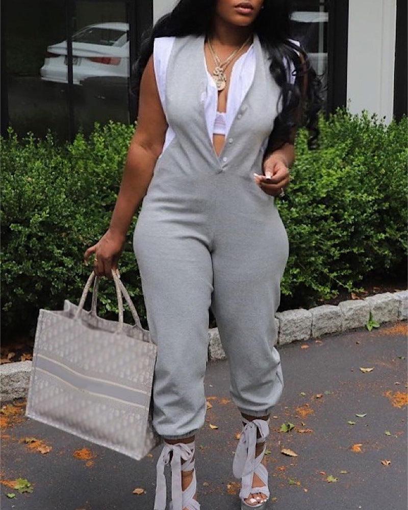 Gray sleeveless long jumpsuit with V-neck, white faux top, banded ankle hems