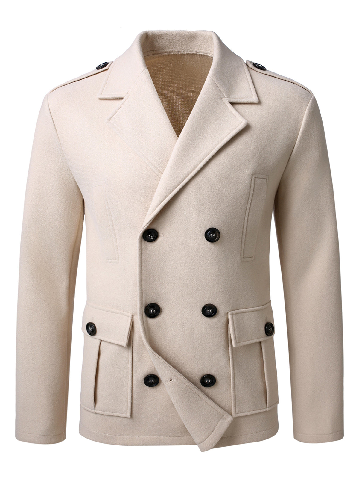 Apricot wool double-breasted overcoat with notch lapels and black button front