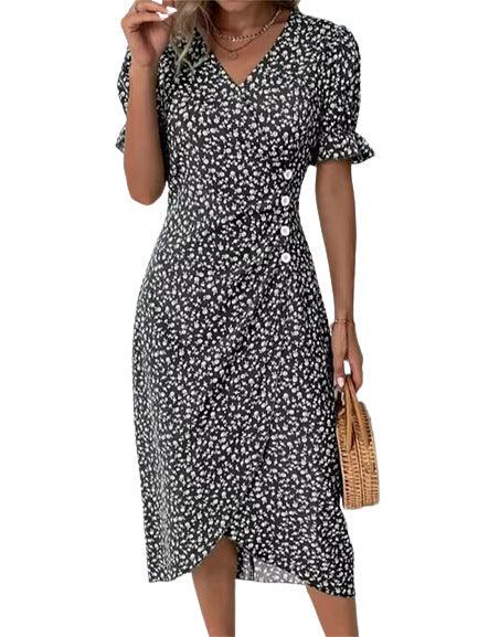 V-neck printed button dress with irregular hem, short sleeves, black-and-white speckle.