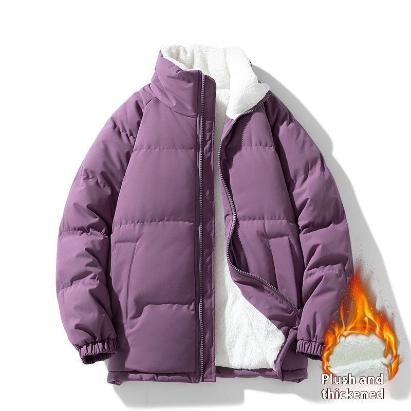 Thick puffer coat jacket in purple with full-zip front and fleece-lined hoodless collar