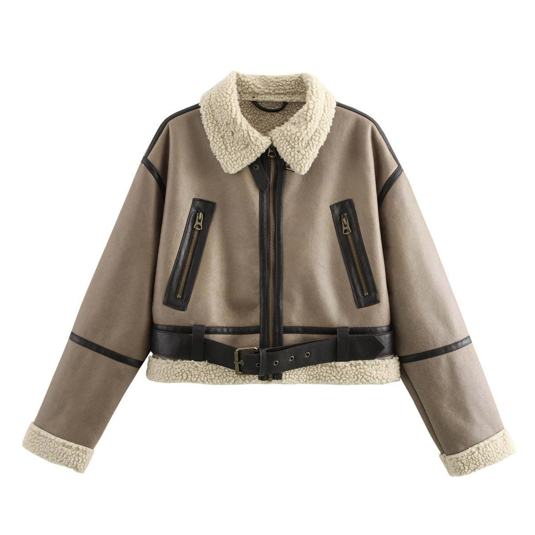 Khaki lamb wool splicing coat with sherpa collar, black zip pockets and waist belt