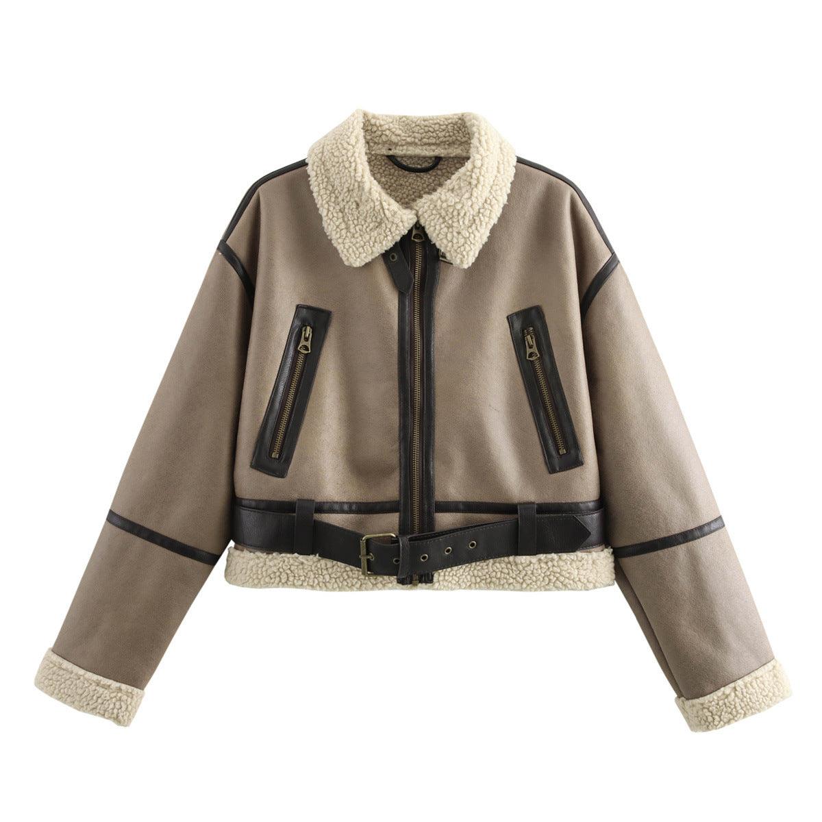 Khaki lamb wool splicing coat with sherpa collar, black zip pockets and waist belt