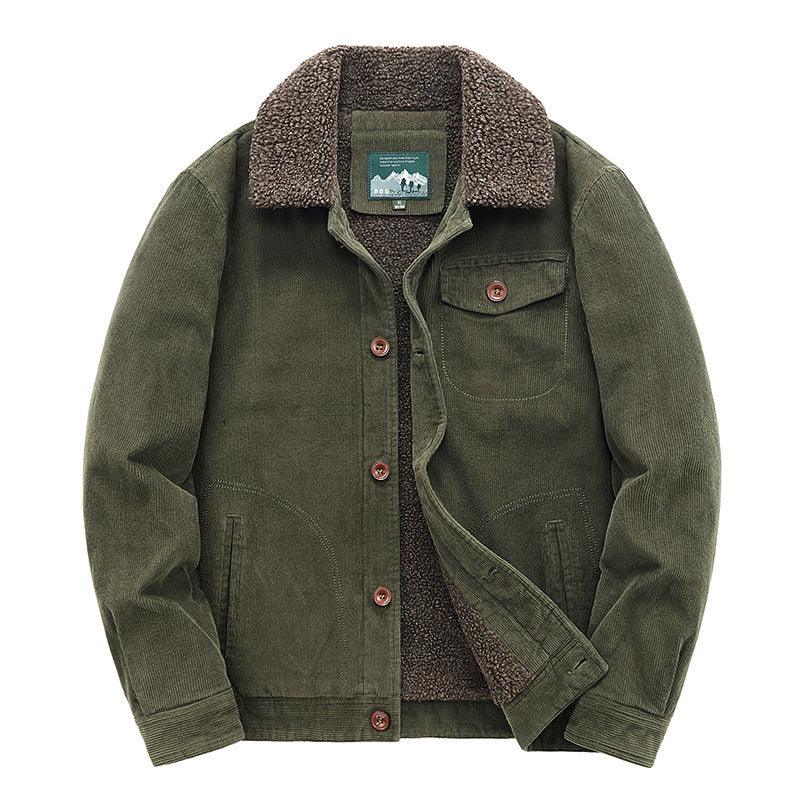 Men's corduroy jacket in olive green with sherpa collar and diagonal chest strap