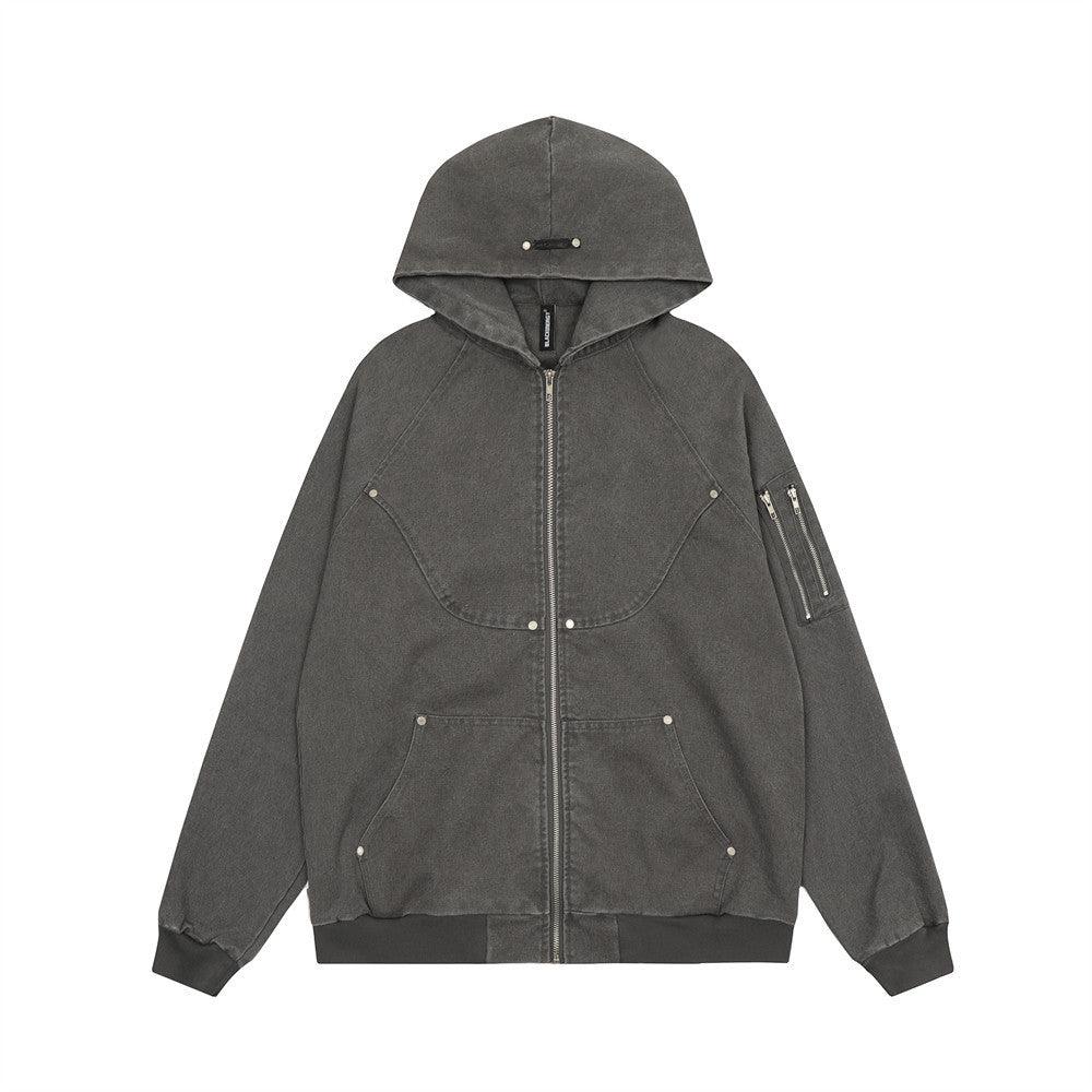 Men’s washed gray hooded work jacket with full-zip front and side flap pockets