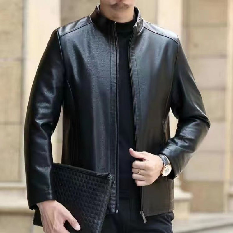 Men's black faux leather stand collar jacket