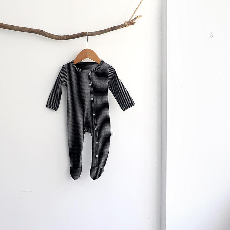 Striped single-breasted baby climbing suit with long sleeves and button front
