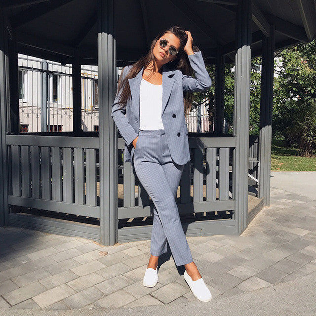 Work Pants Suit OL Piece Set Double-breasted Stripes - WOMONA.COM