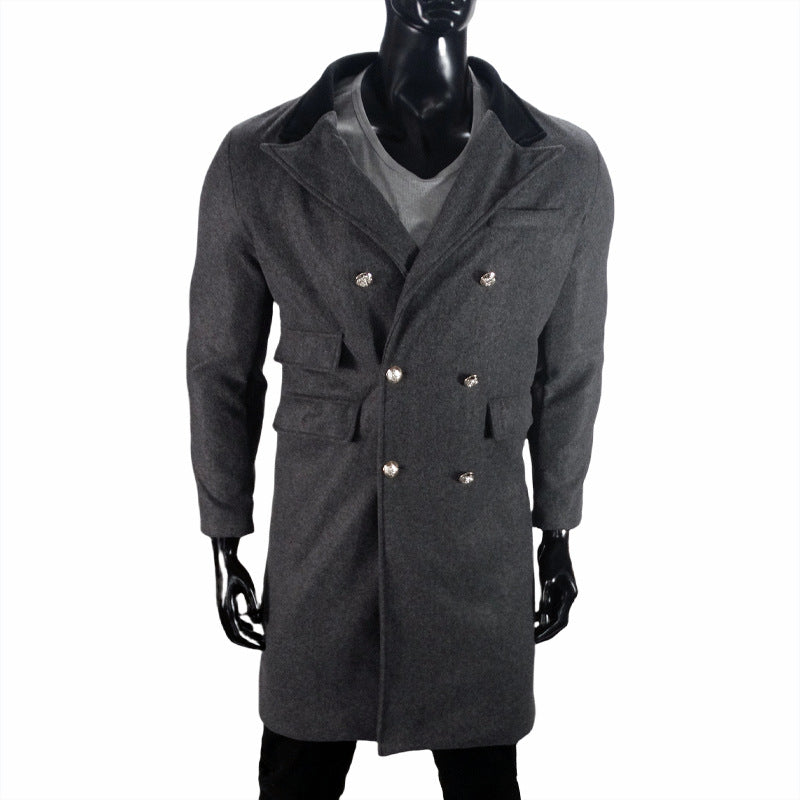 Men's wool casual jacket in dark gray, double-breasted long coat with gold buttons