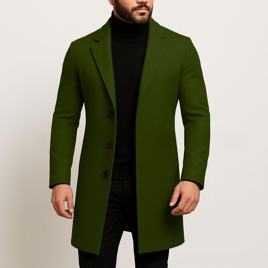 Army green single-breasted wool trench coat with notched lapels and button front
