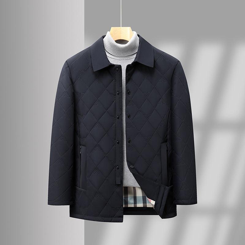 Navy quilted work jacket with point collar and button placket, plaid lining peek