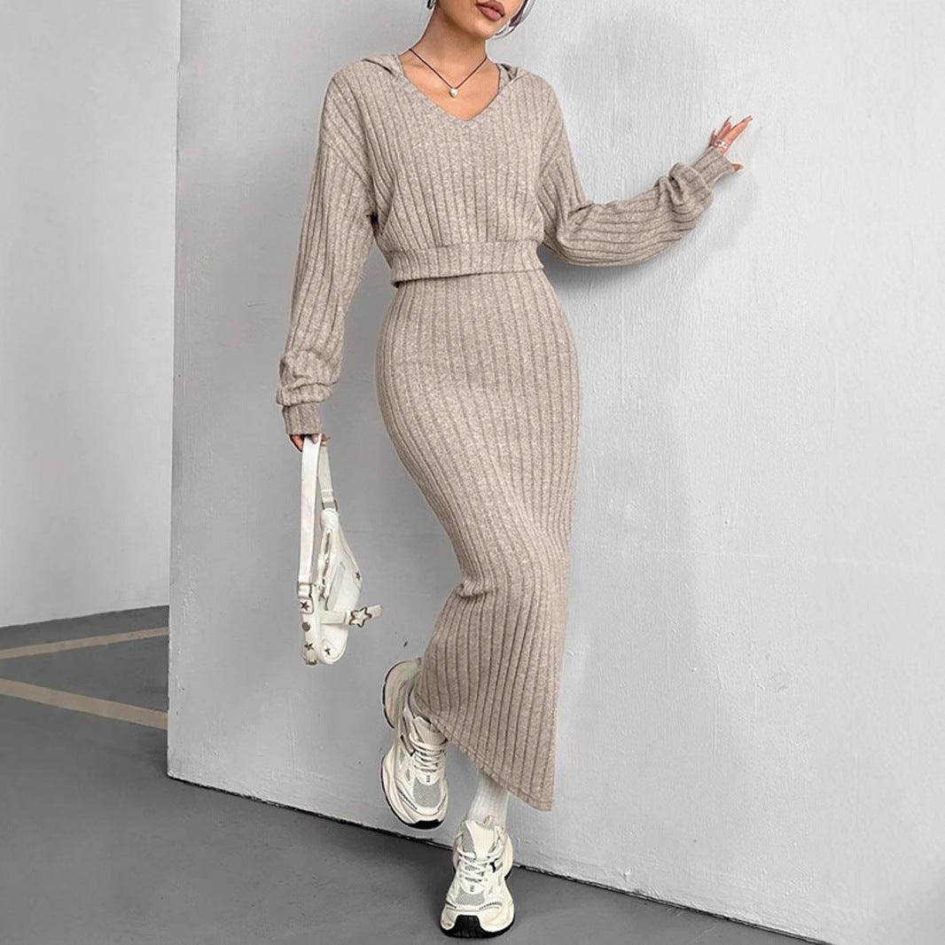 Light khaki ribbed knit two-piece skirt set, long-sleeve V-neck top with fitted maxi skirt