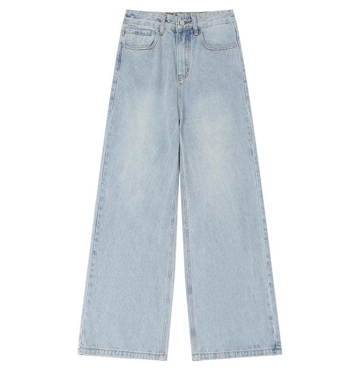 Light blue wash denim wide-leg jeans with button waist and belt loops
