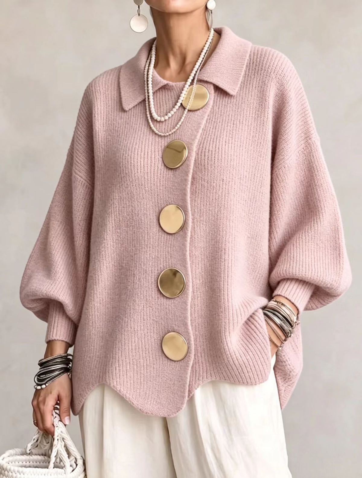 Women's lapel button-detail knit top