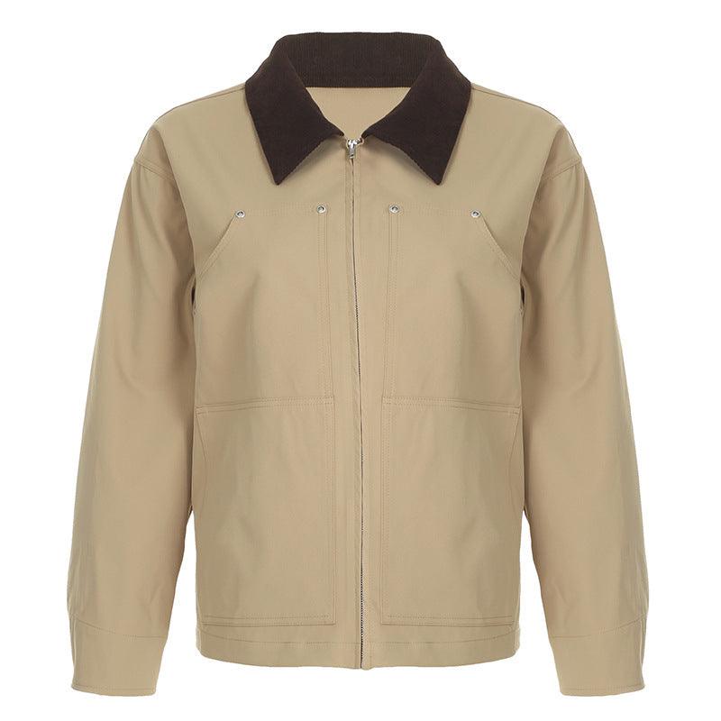 Khaki zip jacket with dark brown turn-down collar and front chest pockets