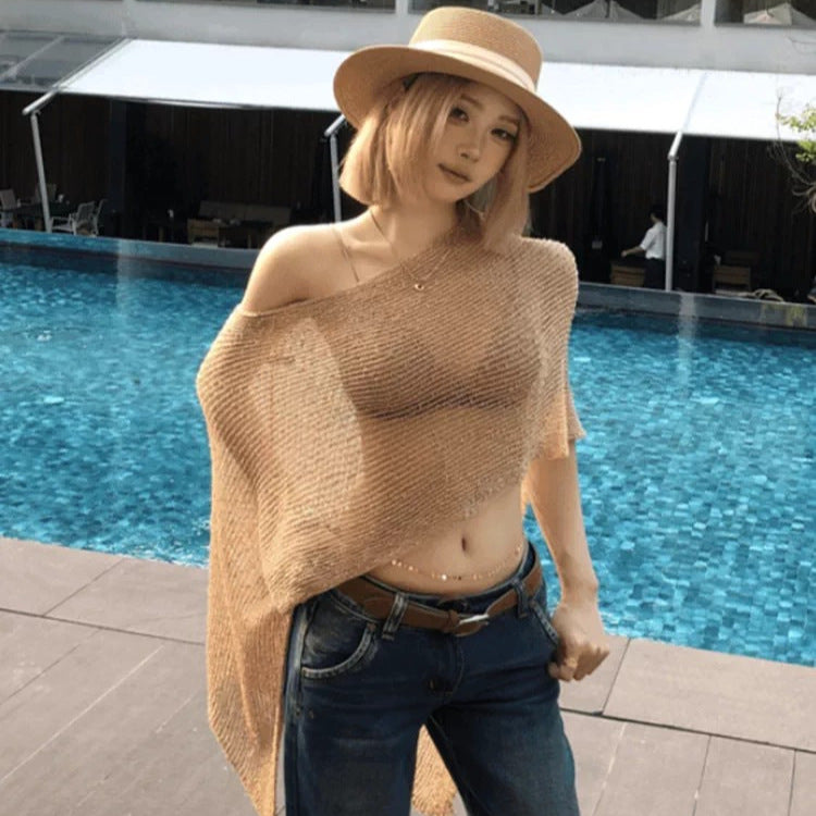 Women's khaki knitted slant-shoulder cape top, hollow-knit openwork and draped hem