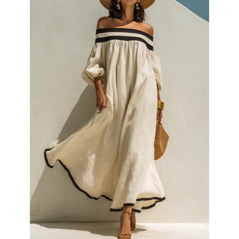 Off-shoulder cotton-linen maxi dress, oatmeal with wide black band at neckline