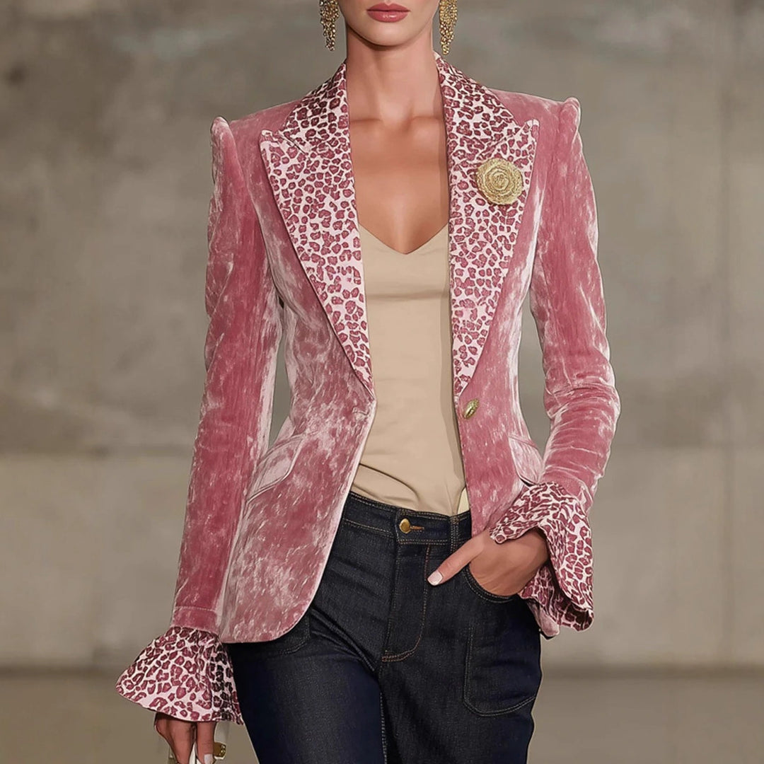 Pink lapel digital-print blazer top with long sleeves, leopard trim cuffs and gold button