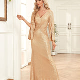 Gold Sequin Slim Fishtail Bridesmaid Banquet Evening Dress - WOMONA.COM