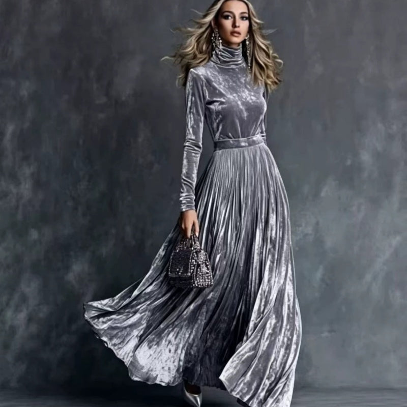 Women's grey velvet long-sleeve pleated dress