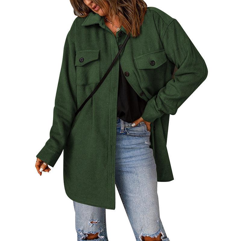 Green woolen lapel jacket with button front, chest flap pockets, and long sleeves