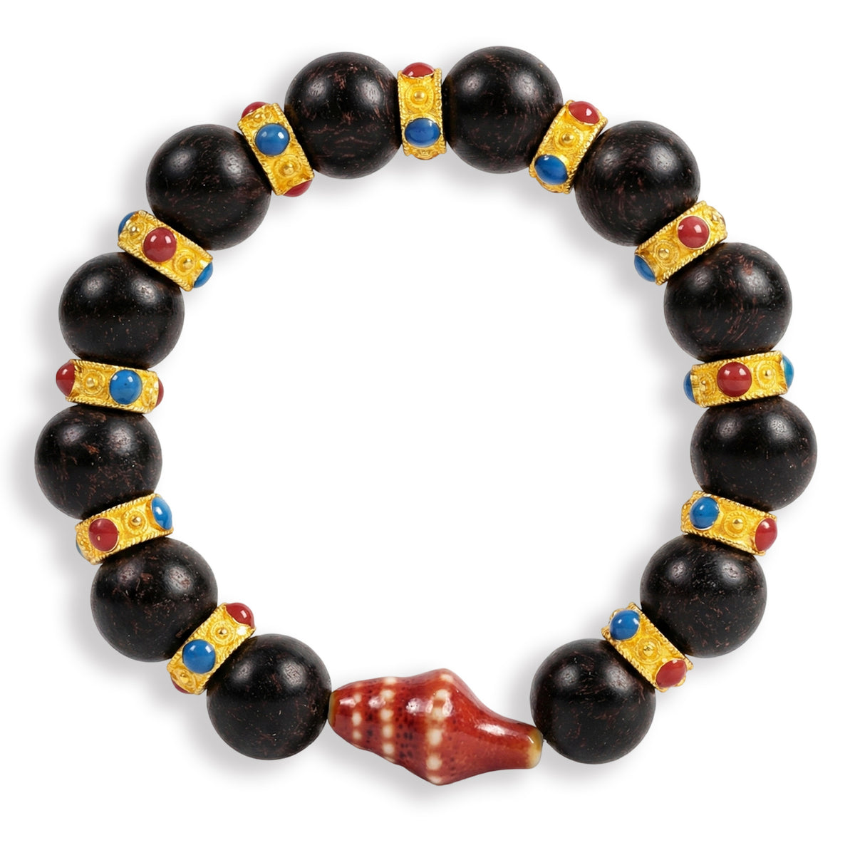 Beaded bracelet with black beads and gold, blue, red insets, red center bead