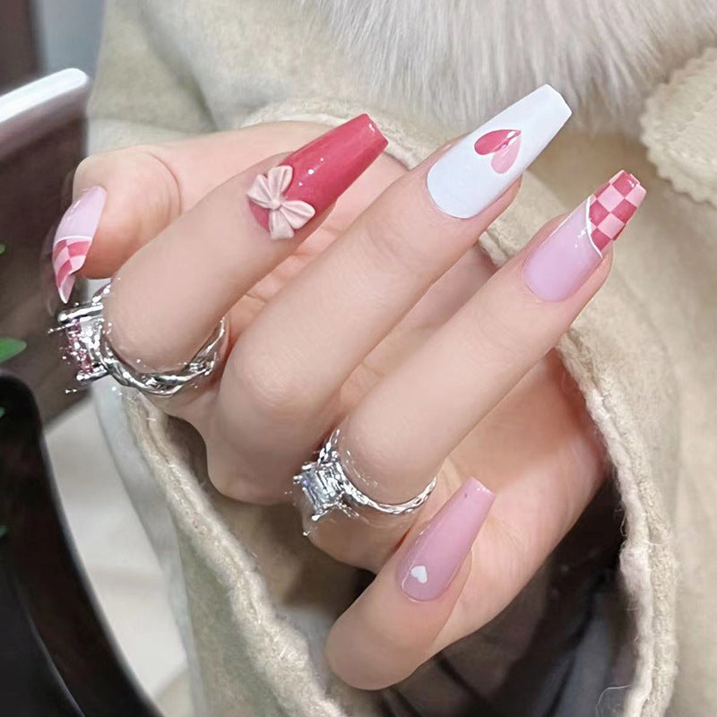 Grapefruit Red Chessboard Grid Manicure White Fake Nails - WOMONA.COM